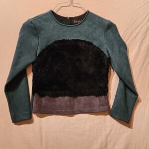 Faux Suede And Faux Shearling Colorblock Sweater Women's XS Holiday Winter Top